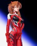  1girl absurdres alternate_breast_size arm_at_side armored_bodysuit blue_eyes bodysuit breasts brown_hair english_commentary hand_on_own_hip highres interface_headset large_breasts long_hair looking_at_viewer messy_hair multicolored_bodysuit multicolored_clothes neon_genesis_evangelion plugsuit red_bodysuit red_lips reiss_art skin_tight solo souryuu_asuka_langley standing test_plugsuit two_side_up 