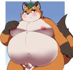  2024 anthro balls belly big_belly blush canid canine erection fox genitals hi_res kemono kusosensei leaf male mammal moobs navel nipples overweight overweight_male penis simple_background small_penis solo 