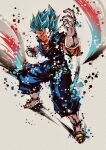  1boy blue_eyes blue_hair blue_pants blue_sash blue_shirt boots dougi dragon_ball dragon_ball_super earrings faux_traditional_media full_body gloves highres ink_wash_painting jewelry male_focus orange_shirt pants potara_earrings sash shirt smirk solo spmjg7 super_saiyan super_saiyan_blue vegetto white_footwear white_gloves 