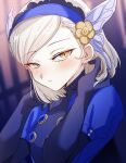  1girl blue_gloves blue_hairband blurry blurry_background blush butterfly_wings closed_mouth commentary_request eyelashes gloves hairband head_wings highres insect_wings lavenza_(persona_5) medium_hair persona persona_5 solo upper_body white_hair wings yellow_eyes yuyuy_00 