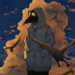  1other ambiguous_gender bird blue_sky blurry blurry_foreground cloud collarbone commentary covered_face cowboy_shot dusk hands_in_pockets highres hood hood_up hoodie ikura_donburi_(mmom_x) original plague_doctor_mask sky solo star_(sky) starry_sky white_hoodie 