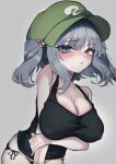  1girl alternate_costume arm_under_breasts black_panties black_tank_top blue_eyes blue_hair blush breast_lift breasts cabbie_hat cleavage commentary_request cowboy_shot green_hat grey_background hair_bobbles hair_ornament hat kawashiro_nitori large_breasts leaning_forward looking_at_viewer medium_bangs medium_hair no_pants ohkey_now open_mouth panties simple_background solo tank_top touhou two_side_up underwear 
