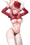  1girl alternate_costume aru_(blue_archive) black_panties blue_archive blush breasts brown_horns cameltoe cowboy_shot demon_horns gloves halo hat highres horns kitin large_breasts long_hair long_sleeves navel open_mouth panties pink_hair pink_halo red_hat simple_background solo thighhighs underboob underwear white_background white_gloves white_thighhighs yellow_eyes 
