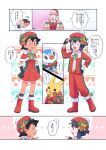  1boy 2girls ;d ash_ketchum bangs black_gloves black_hair black_legwear blue_eyes boots brown_eyes capelet christmas clothed_pokemon commentary_request crossdressing dawn_(pokemon) dododo_dadada eye_contact gen_1_pokemon gen_4_pokemon gloves hair_rings hat holding jacket joy_(pokemon) knees looking_at_another miniskirt multiple_girls notice_lines one_eye_closed open_clothes open_jacket open_mouth pants pikachu pink_hair piplup pleated_skirt pokemon pokemon_(anime) pokemon_(creature) pokemon_dppt_(anime) red_capelet red_footwear red_headwear red_pants ribbon santa_hat short_hair skirt smile socks speech_bubble standing sweatdrop tongue translation_request 