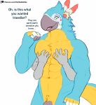  abs anthro avian beak biped blue_body blue_feathers breath_of_the_wild dabelette dialogue duo feathers flaccid genitals hi_res humanoid kass_(tloz) male navel nintendo open_beak open_mouth penis rito the_legend_of_zelda yellow_body yellow_feathers 