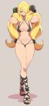  1girl absurdres bikini black_bikini blonde_hair breasts cleavage commentary_request cynthia_(pokemon) full_body grey_eyes hair_ornament hair_over_one_eye highres large_breasts long_hair multi-strapped_bikini nac000 nail_polish navel pokemon pokemon_(game) pokemon_dppt sandals solo swimsuit very_long_hair yellow_nails 