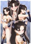  1girl absurdres bare_shoulders black_hair blush breasts cleavage fate/grand_order fate_(series) highres ishtar_(fate) kurozawa_yui long_hair looking_at_viewer medium_breasts multiple_views navel open_mouth parted_bangs red_eyes thighs tiara two_side_up 