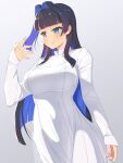  1girl absurdres alternate_costume black_hair blue_eyes blue_hair breasts chinese_clothes closed_mouth colored_inner_hair commission dress highres hololive hololive_english large_breasts loeldrive long_hair looking_at_viewer multicolored_hair ouro_kronii pixiv_commission sidelocks smile solo virtual_youtuber white_dress 