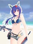  1girl arknights bad_id bad_pixiv_id bangs bare_arms bare_shoulders beach bikini blue_bikini blue_hair blurry blurry_background breasts ch&#039;en_(arknights) ch&#039;en_the_holungday_(arknights) chinese_commentary cleavage closed_mouth collarbone commentary_request cowboy_shot dragon_horns exusiai_dust eyebrows_visible_through_hair flower front-tie_bikini front-tie_top grey_shorts gun hair_between_eyes hair_flower hair_ornament highleg highleg_bikini highres holding holding_gun holding_sword holding_weapon horns long_hair looking_at_viewer medium_breasts navel outline partial_commentary red_eyes red_flower rhodes_island_logo short_shorts shorts smile solo standing stomach string_bikini swimsuit sword very_long_hair weapon white_outline 