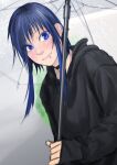  1girl black_choker blue_eyes blue_hair blush cheek_piercing choker closed_mouth ear_piercing earrings highres holding holding_umbrella hood hood_down hoodie jewelry kilye_kairi lip_piercing long_sleeves looking_at_viewer original piercing sidelocks smile solo umbrella upper_body 