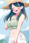  1girl :d blurry blurry_background blush breasts cleavage closed_eyes cloud day facing_viewer hand_up hat highres indie_virtual_youtuber laughing long_hair midriff navel outdoors smile sumi_suya sun sun_hat sunao_na_kapipara virtual_youtuber 