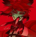  1boy alastor_(hazbin_hotel) black_hair blood blood_from_mouth blood_on_hands commentary_request evil_grin evil_smile formal grin hazbin_hotel highres male_focus mui_mmmm multicolored_hair red_background red_eyes red_hair short_hair smile solo suit upper_body 