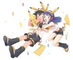  1boy 1girl :d alternate_costume ash_ketchum bangs black_hair black_legwear black_shorts blue_eyes blue_hair blush commentary_request cosplay dawn_(pokemon) dododo_dadada gen_1_pokemon hairband happy headphones highres kagamine_len kagamine_len_(cosplay) kagamine_rin kagamine_rin_(cosplay) knees leg_warmers long_hair open_mouth pikachu pokemon pokemon_(anime) pokemon_(creature) pokemon_dppt_(anime) pokemon_ears pokemon_tail shirt shoes short_hair short_sleeves shorts smile spread_fingers tail tongue white_shirt yellow_eyes yellow_hairband 