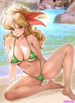  1girl arm_support artist_name bare_shoulders barefoot bikini blonde_hair breasts cleavage closed_mouth collarbone commentary_request dragon_ball dragon_ball_(classic) feet green_bikini green_eyes hairband highres knee_up large_breasts legs long_hair looking_at_viewer lunch_(dragon_ball) navel oyaman photo_background shiny_skin signature sitting smile solo stomach swimsuit thighs toes 