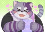  &gt;o&lt; 1boy absurdres animal_ears bara black_shirt blush bygul_(live_a_hero) cat_ears cat_tail dvd_case fat fat_man furry furry_male gradient_background grey_fur heart highres holding live_a_hero male_focus polka_dot polka_dot_background shirt short_sleeves solo star_(symbol) tail two-tone_fur upper_body whiskers 