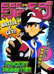  1boy ash_ketchum bangs baseball_cap black_gloves blue_hair blue_jacket closed_mouth commentary_request copyright_name cover dododo_dadada fake_cover fingerless_gloves gloves hair_between_eyes hat holding holding_poke_ball jacket looking_at_viewer male_focus poke_ball poke_ball_(basic) pokemon pokemon_(anime) pokemon_xy_(anime) red_eyes red_headwear short_hair shounen_jump smile solo spiked_hair 