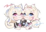  2girls :3 animal_ear_fluff animal_ears bandaid bandaid_hair_ornament black_coat black_jacket blonde_hair blue_eyes blue_hair blue_hairband blush_stickers chibi claw_(weapon) coat cropped_jacket crossed_bangs dog_ears dog_girl dog_tail dress fake_horns fishnet_socks fishnets full_body fuwawa_abyssgard fuwawa_abyssgard_(1st_costume) hair_ornament hairband holding_hands hololive hololive_english horns jacket kneeling looking_at_viewer mococo_abyssgard mococo_abyssgard_(1st_costume) multicolored_hair multiple_girls parted_bangs pink_eyes pink_hair pink_hairband shorts siblings simple_background single_fishnet_legwear sisters socks spiked_hairband spikes streaked_hair tail twins two-tone_hair two_side_up virtual_youtuber weapon white_background white_dress white_shorts x_hair_ornament ymrtkmo8 