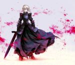  1girl armor armored_boots armored_dress artoria_pendragon_(fate) black_dress blurry blurry_background boots braid closed_mouth dress excalibur_morgan_(fate) fate/stay_night fate_(series) floating_hair frown full_body gauntlets grey_background hair_between_eyes high_heel_boots high_heels highres holding holding_sword holding_weapon long_dress looking_at_viewer medium_hair no_mae_(mikakatachi) saber_alter silver_hair solo standing sword weapon yellow_eyes 
