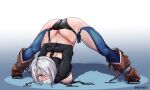  2024 angel_(kof) arms_behind_back bdsm blackjacke7 blue_eyes bondage boots bound breasts cloth_gag english_commentary gag highres improvised_gag jack-o&#039;_challenge large_breasts the_king_of_fighters white_hair 
