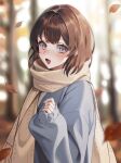  1girl :d absurdres autumn_leaves bangs blue_sweater blurry blurry_background blush brown_hair chungla commentary day depth_of_field eyebrows_behind_hair falling_leaves highres leaf long_sleeves looking_at_viewer open_mouth original outdoors puffy_long_sleeves puffy_sleeves purple_eyes scarf short_hair smile solo sweater symbol-only_commentary upper_body yellow_scarf 