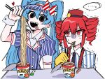  ... 2girls :d black_eyes black_necktie blue_shirt bow chopsticks closed_mouth commentary_request cup_ramen drill_hair eating empty_eyes food gloves hair_between_eyes hat hat_bow hatsune_miku heart holding holding_chopsticks kakuzatou_(vy5a_heart) kasane_teto lone_nape_hair long_hair looking_at_another looking_at_viewer looking_to_the_side medium_bangs mesmerizer_(vocaloid) multiple_girls necktie noodles open_mouth pillbox_hat ramen red_bow red_eyes red_hair red_hat sharp_teeth shirt short_hair simple_background smile spoken_ellipsis spring_onion striped_bow striped_clothes striped_shirt suspenders teeth tongue tongue_out trembling upper_body utau vertical-striped_clothes vertical-striped_shirt visor_cap vocaloid white_background white_bow white_shirt wrist_cuffs yellow_gloves 