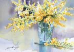  cup drinking_glass flower flower_focus glass highres no_humans original painting_(medium) plant plant_focus realistic still_life traditional_media tsukiyo_ono water watercolor_(medium) yellow_flower 