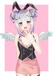  1girl absurdres ahoge alternate_costume amane_kanata animal_ears arm_behind_back blue_eyes blue_hair blush border commentary_request cowboy_shot double_bun fake_animal_ears flat_chest grey_hair hair_bun hand_up highres hololive looking_at_viewer mini_wings multicolored_hair open_mouth outside_border pink_background pink_hair pink_nails pink_skirt playboy_bunny rabbit_ears skirt smallpine_7 smile smirk solo streaked_hair virtual_youtuber white_border wings 