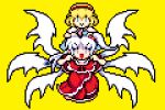  2girls :&gt; alice_margatroid blonde_hair blue_dress blue_eyes capelet carrying closed_mouth dress eyebrows_visible_through_hair full_body grey_eyes hair_bobbles hair_ornament hairband kirai_shouen looking_at_viewer lowres medium_hair mother_and_daughter multiple_girls multiple_wings one_side_up open_mouth pixel_art red_dress red_hairband shinki_(touhou) short_hair shoulder_carry simple_background smile touhou touhou_(pc-98) v-shaped_eyebrows white_capelet white_hair white_wings wings yellow_background 