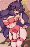  1girl @_@ alternate_breast_size blurry blurry_background blush bra breasts cameltoe christmas christmas_tree closed_mouth commentary curly_hair garter_belt garter_straps hair_between_eyes hairband heart heart_print hex_maniac_(pokemon) highres index_finger_raised kurt_robinson large_breasts long_hair looking_at_viewer nail_polish navel panties pink_bra pink_panties pokemon pokemon_xy purple_hairband purple_nails smile solo tag underwear 