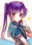  1girl aqua_shirt blush frilled_sleeves frills furrowed_brow koyoru-f long_hair looking_at_viewer love_live! love_live!_school_idol_festival pointing purple_hair red_eyes shirase_koyuki shirt short_sleeves sketch solo swept_bangs twintails upper_body 