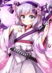 1girl alternate_costume blue_eyes blush bow cherry_blossom_print cherry_blossoms closed_mouth commentary_request cowboy_shot floral_print floral_print_kimono flower grey_hair grey_ribbon hair_bow hair_flower hair_ornament hairband hands_up highres hitodama japanese_clothes katana kimono konpaku_youmu konpaku_youmu_(ghost) konpaku_youmu_(white_gardener_of_the_netherworld_tower) long_sleeves looking_at_viewer obi pink_flower purple_bow purple_hairband ruu_(tksymkw) sash sheath sheathed short_hair smile solo standing sword touhou touhou_lostword weapon white_kimono white_sash wide_sleeves 