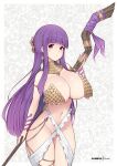  1girl alternate_costume blunt_bangs breasts commission cowboy_shot fern_(sousou_no_frieren) floral_background holding holding_staff jewelry large_breasts long_hair looking_at_viewer nail_polish pink_nails purple_eyes purple_hair revealing_clothes sidelocks solo sousou_no_frieren staff standing stomach straight_hair very_long_hair virus-g 