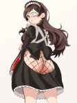  1girl adapted_costume apron ass black_bow black_dress blush bow breasts brown_eyes brown_hair cowboy_shot dress eyepatch fishnets frilled_apron frills from_behind highres idolmaster idolmaster_million_live! idolmaster_million_live!_theater_days kitazawa_shiho long_hair looking_at_viewer maid maid_apron maid_day maid_headdress medium_breasts nekoi_mie open_mouth simple_background solo victorian_maid white_apron white_background 