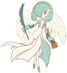  1girl angel_wings bangs blank_eyes blue_eyeliner bob_cut circlet closed_mouth clothed_pokemon colored_skin commentary crescent crescent_earrings earrings eyeliner feathered_wings feathers flat_chest flat_color full_body gardevoir gen_3_pokemon green_hair green_skin hair_over_one_eye happy holding holding_feather jewelry looking_to_the_side lotosu makeup multicolored multicolored_skin pokemon pokemon_(creature) red_eyes shoes short_hair simple_background smile solo standing star_(symbol) star_in_eye symbol_in_eye two-tone_skin wheat white_background white_skin white_wings wings wristband yellow_footwear 
