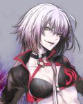  1girl :d bikini bikini_top black_bikini black_choker breasts choker cleavage collarbone fate/grand_order fate_(series) grey_background hair_between_eyes jeanne_d&#039;arc_(alter_swimsuit_berserker)_(fate) jeanne_d&#039;arc_(fate)_(all) long_hair looking_at_viewer medium_breasts no_mae_(mikakatachi) open_mouth shrug_(clothing) silver_hair smile solo swimsuit upper_body very_long_hair yellow_eyes 