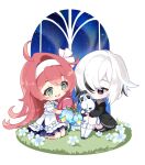  2girls :d aged_down ahoge arlecchino_(genshin_impact) artist_name aurora black_eyes black_hair black_jacket blue_flower blue_sky character_doll chibi chibi_only child clervie_(genshin_impact) dress flower frilled_dress frills from_side full_body genshin_impact grass green_eyes hair_over_one_eye hairband highres holding holding_stuffed_toy hoshiusagi_no_chloe jacket jewelry kneehighs knees_up long_hair long_sleeves multicolored_hair multiple_girls night night_sky on_grass one_eye_covered open_mouth outdoors pendant pink_hair red_pupils seiza short_hair signature sitting sky smile socks streaked_hair stuffed_animal stuffed_rabbit stuffed_toy symbol-shaped_pupils two-tone_hair white_background white_dress white_flower white_hair white_hairband white_socks x-shaped_pupils 