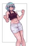  1girl abs absurdres artist_name biceps blue_eyes blue_hair blush clenched_hand collarbone crop_top danboii highres looking_at_viewer muscular muscular_female navel open_mouth sei_asagiri short_hair shorts simple_background sweat tank_top va-11_hall-a 