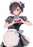  1girl apron black_dress brown_hair checkered_background closed_mouth collared_shirt dress frilled_hairband frills hairband heart heart_hands high_ponytail highres light_blush long_hair looking_at_viewer maid maid_apron maid_headdress one_eye_closed persona persona_3 persona_3_portable puffy_short_sleeves puffy_sleeves red_eyes shiomi_kotone shirt short_sleeves smile solo upper_body uxco0 white_apron white_shirt 