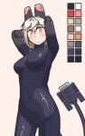  1girl arms_up black_bodysuit blush bodysuit color_guide copyright_request covered_navel easel_dragon headset highres looking_at_viewer red_eyes simple_background skin_tight solo standing white_hair 