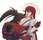  1boy 1girl aria_(guilty_gear) breast_grab breast_smother breasts brown_hair cleavage face_to_breasts fingerless_gloves gloves grabbing guilty_gear guilty_gear_strive hug jack-o&#039;_valentine long_hair multicolored_hair open_mouth ponytail red_hair smgold sol_badguy surprised suspenders two-tone_hair upper_body very_long_hair 