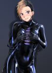  1girl black_bodysuit black_hair blonde_hair blush bodysuit brown_eyes buzz_cut contrapposto cowboy_shot grey_background hands_up highres hole_in_chest hole_on_body kilye_kairi looking_at_viewer multicolored_hair original short_hair simple_background smile solo symbiote two-tone_hair very_short_hair 