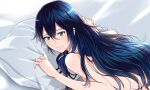  1girl ameno_(a_meno0) back bare_arms blue_eyes blue_hair completely_nude fire_emblem fire_emblem_awakening hair_between_eyes long_hair lucina_(fire_emblem) lying nude on_bed on_stomach pillow smile solo symbol-shaped_pupils 