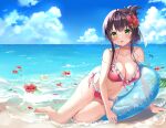  aliasing beach bikini blush breasts cleavage clouds flowers green_eyes mayo_(miyusa) navel sky swim_ring swimsuit toji_no_miko water yanase_mai 