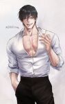  1boy black_hair black_pants cigarette collarbone cowboy_shot fushiguro_touji grin hand_in_pocket highres holding holding_cigarette inniming jujutsu_kaisen looking_at_viewer male_focus muscular muscular_male pants pectoral_cleavage pectorals scar scar_on_face scar_on_mouth shirt smile solo teeth twitter_username white_background white_shirt 