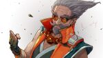  1boy apex_legends ballistic_(apex_legends) bead_necklace beads black_gloves bullet copyright_name fingerless_gloves frown gloves goggles grey_hair hair_behind_ear highres jewelry looking_ahead male_focus necklace official_alternate_costume old old_man orange_vest portrait solo vengeful_bloodline_ballistic vest yoruniyoruyoshi 