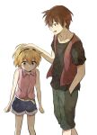  1boy 1girl bare_shoulders belt belt_buckle black_hairband black_shirt blonde_hair blue_eyes blue_shorts brown_hair buckle capri_pants character_request clenched_hands collarbone collared_shirt commentary_request from_side green_pants hairband hand_in_pocket headpat height_difference highres higurashi_no_naku_koro_ni houjou_satoko legs_apart looking_at_another looking_down open_mouth pants pink_shirt purple_eyes red_vest shirt shirt_tucked_in short_hair shorts shorts_rolled_up shosudo simple_background sleeveless sleeveless_shirt standing t-shirt vest white_background yellow_belt 