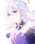  1girl 6_(yuchae) aqua_eyes bare_shoulders closed_mouth detached_sleeves dress earrings halo head_wings honkai:_star_rail honkai_(series) jewelry long_hair purple_dress robin_(honkai:_star_rail) short_sleeves simple_background smile solo two-tone_dress upper_body white_background white_dress white_wings wings 