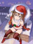  1girl andou_shuki bangs bikini blue_eyes boots brown_hair chimney christmas fur-trimmed_bikini fur_trim gift gloves hair_between_eyes half_updo hat highres long_hair love_live! love_live!_nijigasaki_high_school_idol_club ousaka_shizuku outdoors red_bikini red_footwear red_gloves red_legwear rooftop sack santa_bikini santa_costume santa_gloves santa_hat sidelocks snow solo swimsuit thighhighs 