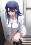  1girl black_pantyhose blue_eyes blue_hair blue_panties blurry blurry_background blush breasts cleavage clothes_pull hair_ornament hairclip highres indoors large_breasts long_hair long_sleeves original panties pantyhose pantyhose_pull shirt udon_(udonalium) underwear undressing white_shirt 