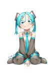  1girl absurdres aged_down alternate_hairstyle aqua_eyes aqua_hair arm_tattoo bare_shoulders black_skirt black_thighhighs blue_trim blush child chinese_commentary commentary_request dated detached_sleeves earrings full_body hair_ornament hairclip hatsune_miku highres jewelry long_hair looking_at_viewer necktie shirt simple_background sitting skirt smile solo tattoo thighhighs tie_clip twintails vocaloid white_background yazato_ichimushi 